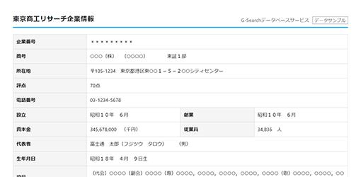 東京商工リサーチ企業情報の検索結果サンプル画面